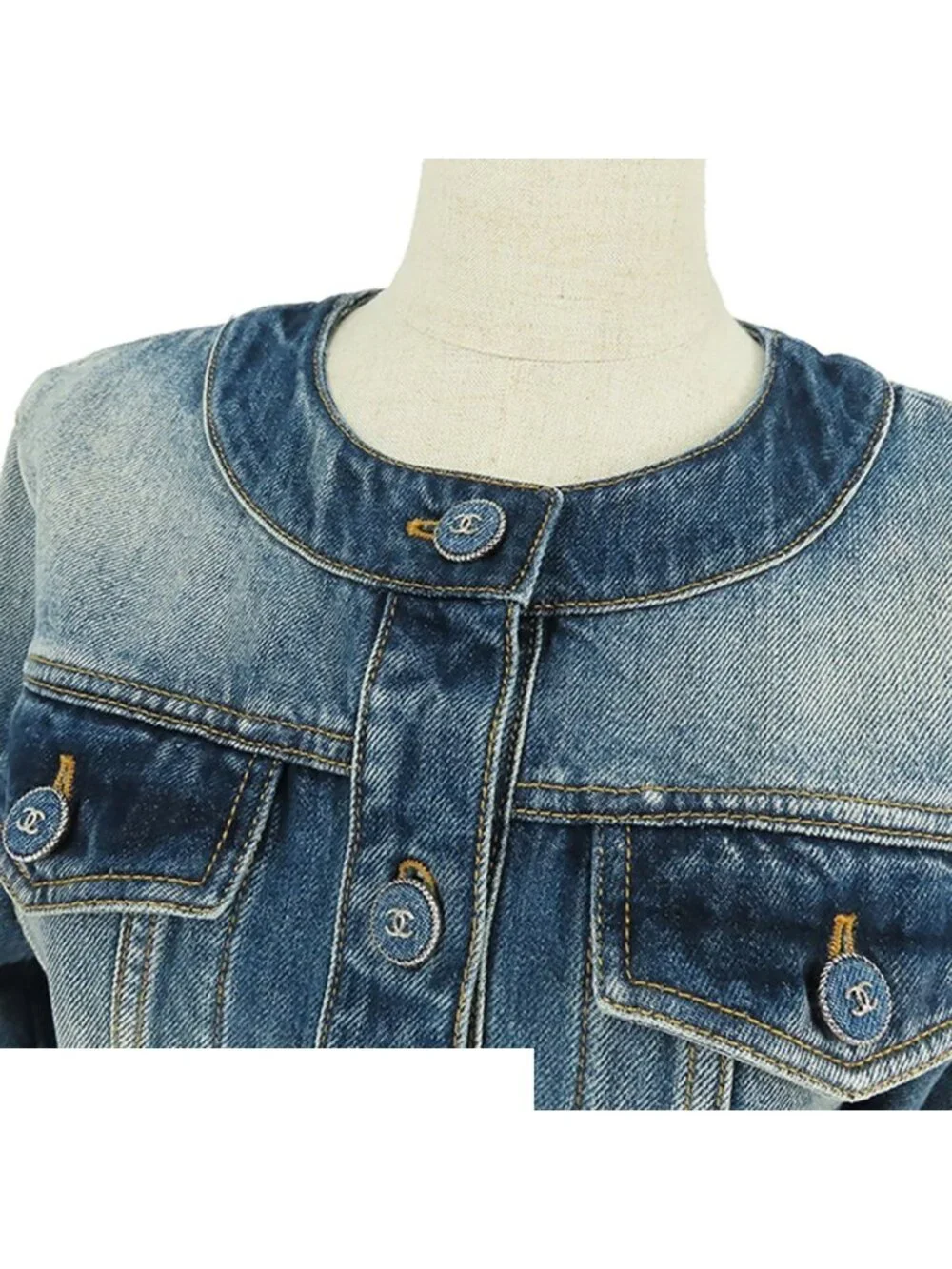 Chanel Collarless Jacket Blue Cotton Coco Button Denim 34